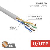 Кабель витая пара U/UTP, CAT 5e, PVC, 4х2х0,52 мм, 24AWG, INDOOR, SOLID, серый, 305 м REXANT PRO (02-0005)